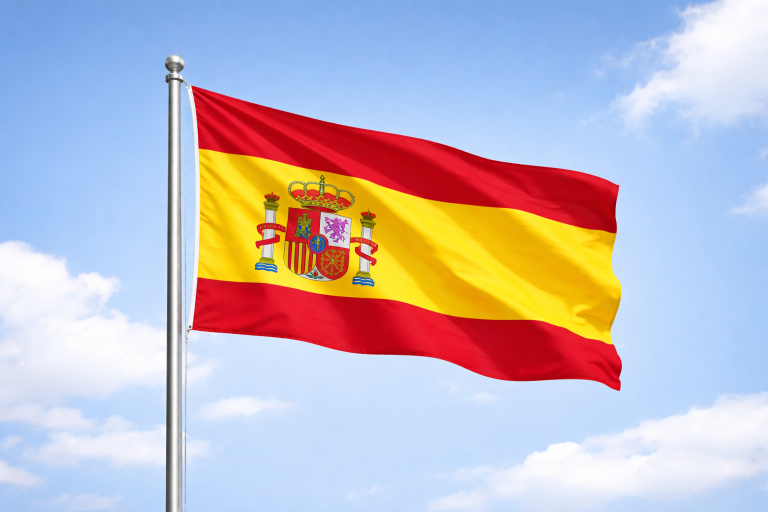 Das MOSAIC Spanienprojekt Spanische Flagge mit roten und gelben Streifen sowie dem Wappen in der Mitte.